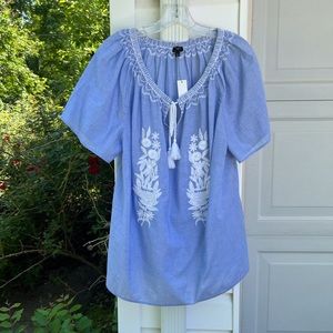 NWT Talbots Pretty Blue White Embroidery Tie Neck Short Sleeve Blouse